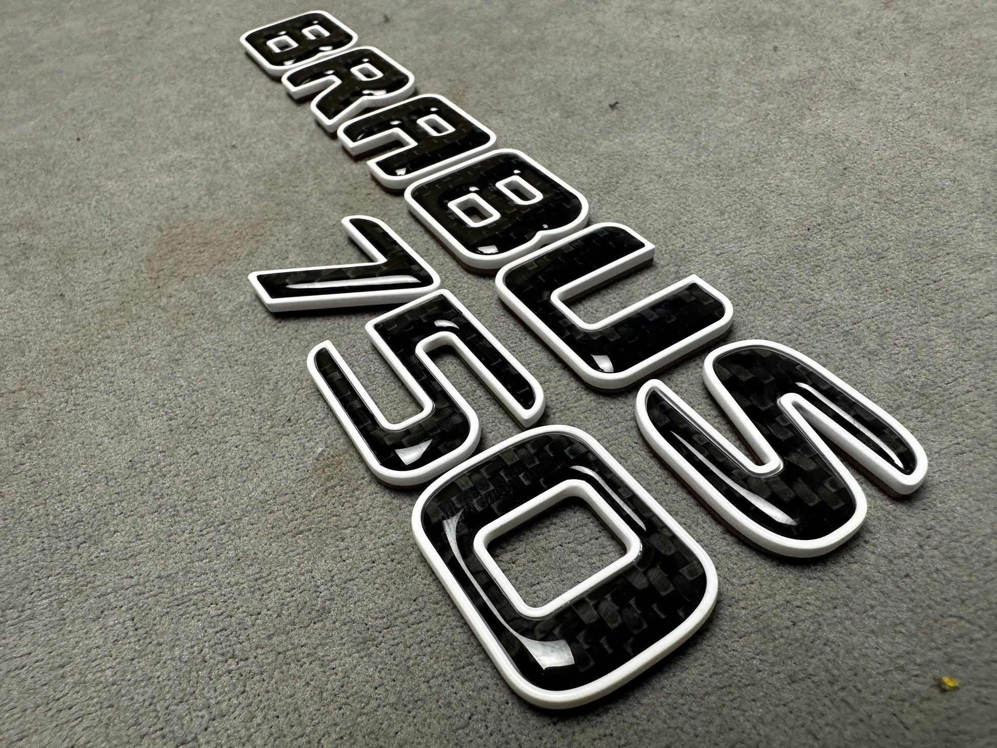 Brabus 750 white metallic emblem badge with carbon accents for AMG Mercedes SL 63 trunk, premium quality and easy installation