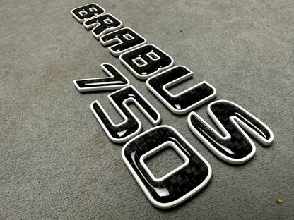 Brabus 750 white metallic emblem badge with carbon accents for AMG Mercedes SL 63 trunk, premium quality and easy installation
