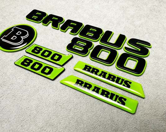 Brabus 800 green metallic emblem badge set with carbon fiber accents for Mercedes W463A, exterior upgrade, premium quality