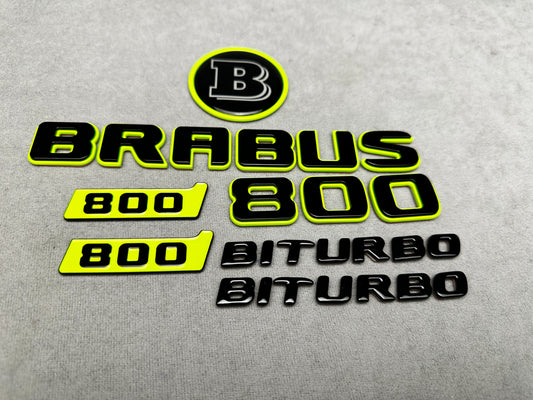 Close-up of Brabus 800 lime green trunk badge with metallic finish