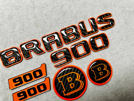 Brabus 900 Orange Metal and Carbon Emblem Set for Mercedes GT – Full badge set featuring premium metallic orange and carbon fiber finish