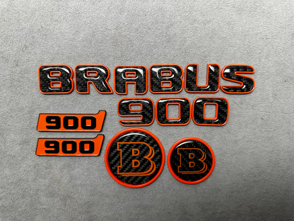 Brabus 900 Orange Metal and Carbon Emblem Set for Mercedes GT – Full badge set featuring premium metallic orange and carbon fiber finish