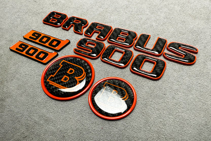 Brabus 900 Orange Metal and Carbon Emblem Set for Mercedes GT – Full badge set featuring premium metallic orange and carbon fiber finish