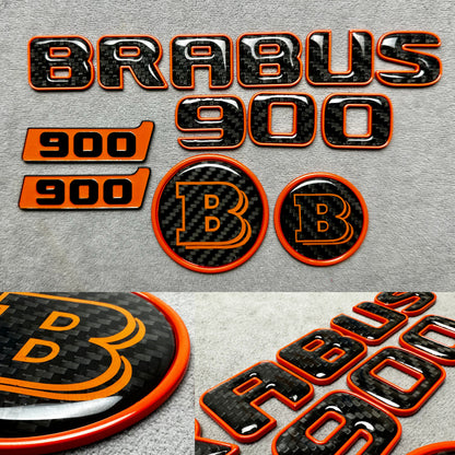 Brabus 900 Orange Metal and Carbon Emblem Set for Mercedes GT – Full badge set featuring premium metallic orange and carbon fiber finish