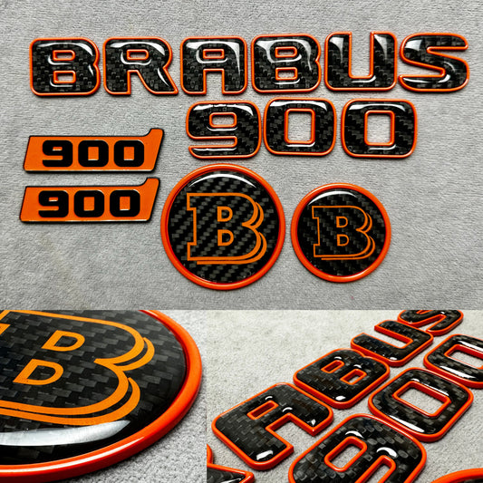 Brabus 900 Orange Metal and Carbon Emblem Set for Mercedes GT – Full badge set featuring premium metallic orange and carbon fiber finish