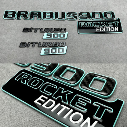 Brabus 900 Rocket Edition emblem badge set in Tiffany blue with carbon fiber accents for Mercedes G-Wagon W463A, premium quality, easy installation