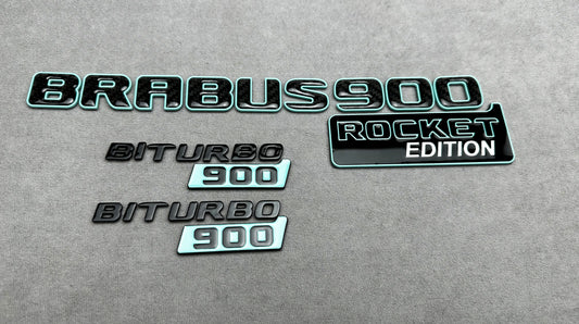 Brabus 900 Rocket Edition emblem badge set in Tiffany blue with carbon fiber accents for Mercedes G-Wagon W463A, premium quality, easy installation