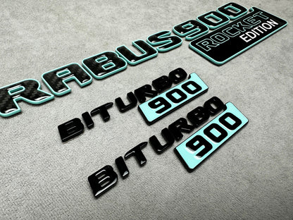 Brabus 900 Rocket Edition emblem badge set in Tiffany blue with carbon fiber accents for Mercedes G-Wagon W463A, premium quality, easy installation