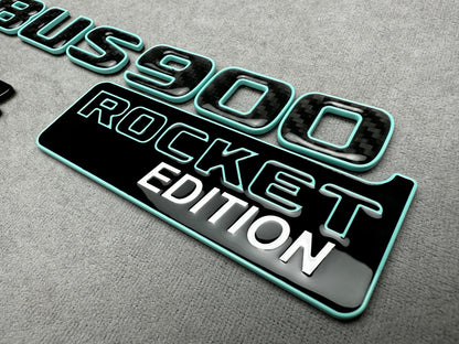Brabus 900 Rocket Edition emblem badge set in Tiffany blue with carbon fiber accents for Mercedes G-Wagon W463A, premium quality, easy installation