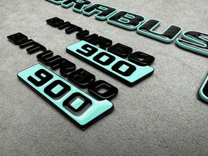 Brabus 900 Rocket Edition emblem badge set in Tiffany blue with carbon fiber accents for Mercedes G-Wagon W463A, premium quality, easy installation