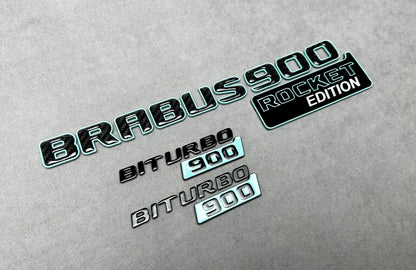Brabus 900 Rocket Edition emblem badge set in Tiffany blue with carbon fiber accents for Mercedes G-Wagon W463A, premium quality, easy installation