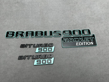 Brabus 900 Rocket Edition emblem badge set in Tiffany blue with carbon fiber accents for Mercedes G-Wagon W463A, premium quality, easy installation