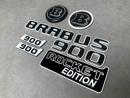 Brabus 900 Rocket Edition White Metal and Carbon Emblem Set for Mercedes W463A – Full set of badges featuring premium white metal and carbon fiber accents