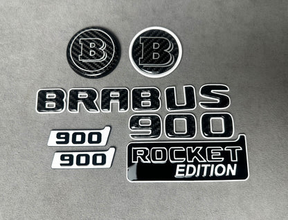 Brabus 900 Rocket Edition White Metal and Carbon Emblem Set for Mercedes W463A – Full set of badges featuring premium white metal and carbon fiber accents