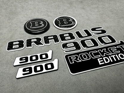Brabus 900 Rocket Edition White Metal and Carbon Emblem Set for Mercedes W463A – Full set of badges featuring premium white metal and carbon fiber accents