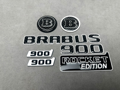 Brabus 900 Rocket Edition White Metal and Carbon Emblem Set for Mercedes W463A – Full set of badges featuring premium white metal and carbon fiber accents