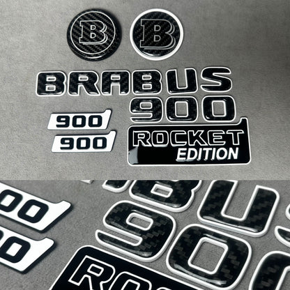 Brabus 900 Rocket Edition White Metal and Carbon Emblem Set for Mercedes W463A – Full set of badges featuring premium white metal and carbon fiber accents
