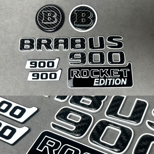 Brabus 900 Rocket Edition White Metal and Carbon Emblem Set for Mercedes W463A – Full set of badges featuring premium white metal and carbon fiber accents