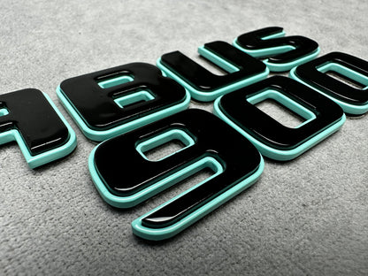 Brabus 900 Tiffany blue metallic emblem badge with black accents for Mercedes rear trunk, premium quality, easy installation