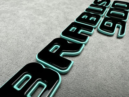 Brabus 900 Tiffany blue metallic emblem badge with black accents for Mercedes rear trunk, premium quality, easy installation