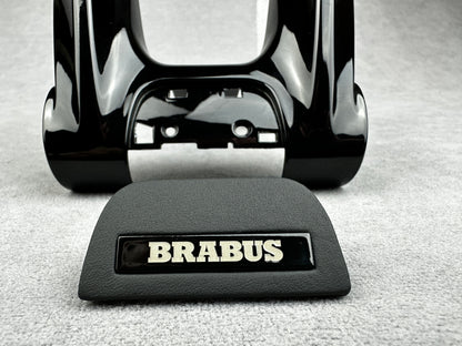 Close-up of Brabus Black Leather Steering Wheel Emblem with Black Plastic Badge for Mercedes