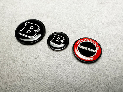 Close-up of Brabus red emblem on the front bumper of Mercedes S-Class W223