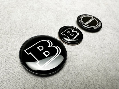 Close-up of Brabus black emblem on the front bumper of Mercedes S-Class W223
