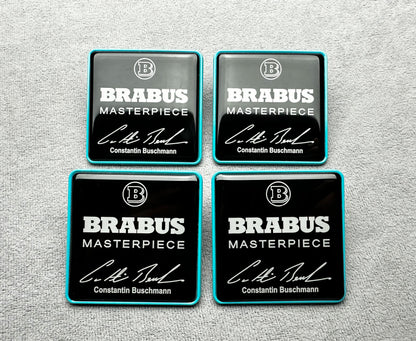 Black and Tiffany blue Brabus Masterpiece seat emblems for high-performance interiors