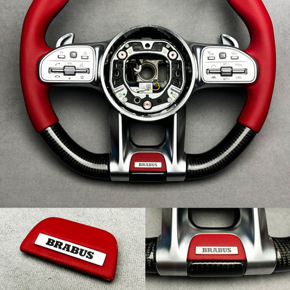 Brabus Red Leather Flat Badge Emblem with Metal Insert for Mercedes Steering Wheel