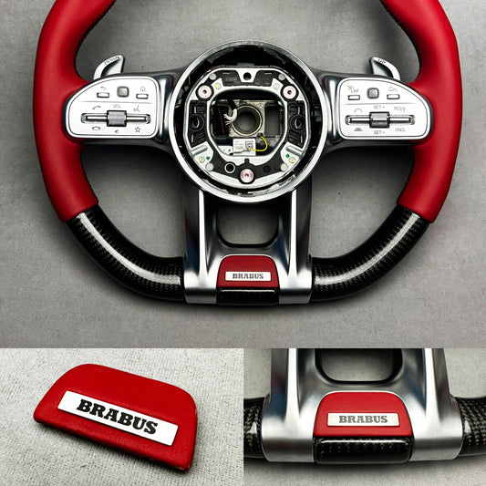 Brabus Red Leather Flat Badge Emblem with Metal Insert for Mercedes Steering Wheel