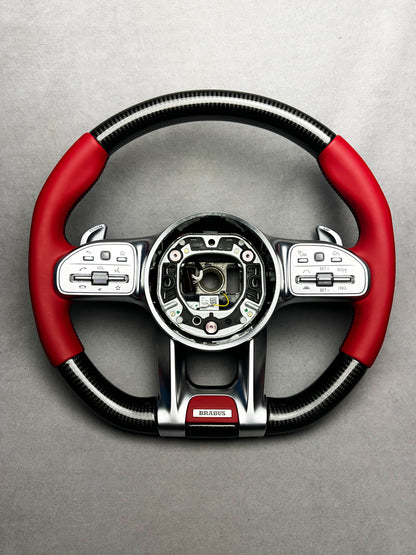 Mercedes-Benz Brabus Red Leather Steering Wheel Emblem with Metal Badge for High-Performance Style