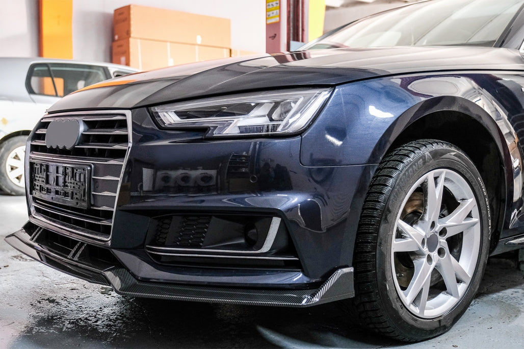 Carbon Look Front Bumper Spoiler Lip Add-On for Audi A4 B9 8W S-Line (2016–2018)