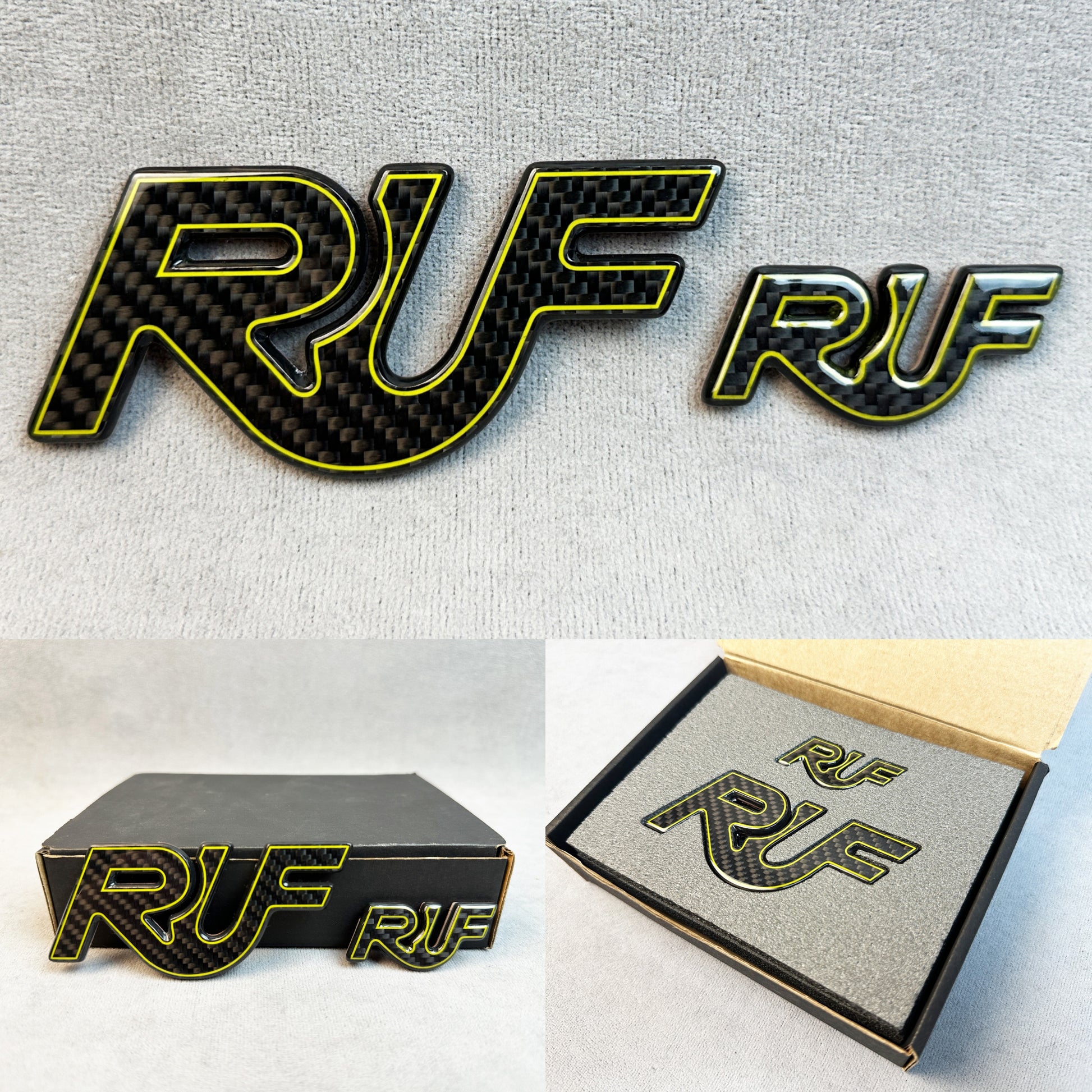 RUF carbon badge with yellow outline for Porsche 911 Turbo