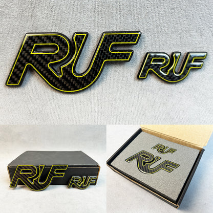 RUF carbon badge with yellow outline for Porsche 911 Turbo