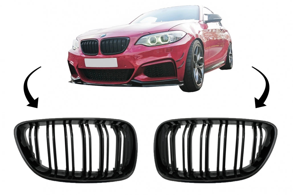 Central Kidney Grilles Double Stripe M Design Piano Black for BMW 2 Series F22 F23 F87 (2014–Up)