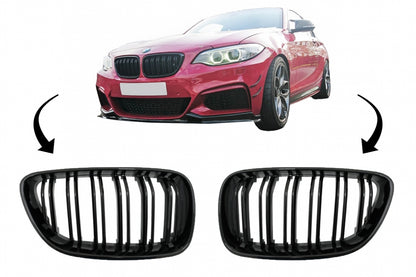 Central Kidney Grilles Double Stripe M Design Piano Black for BMW 2 Series F22 F23 F87 (2014–Up)