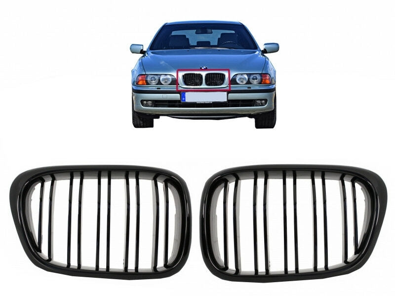 Double Stripe Kidney Grilles Piano Black for BMW 5 Series E39 (1997-2003)