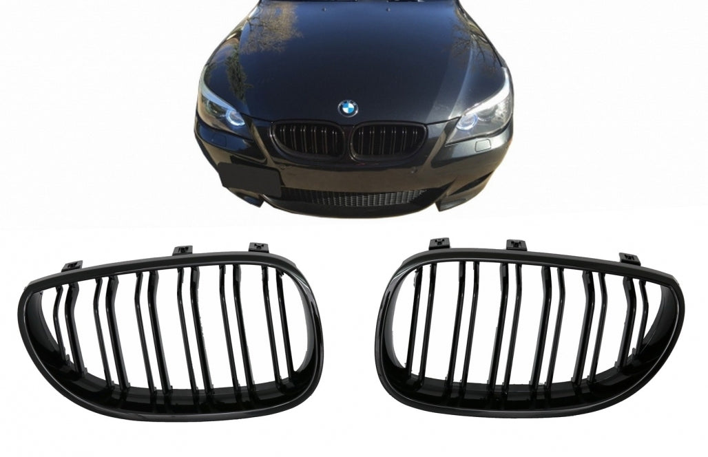 Double Stripe Kidney Grilles Piano Black for BMW 5 Series E60 E61 (2003-2009)