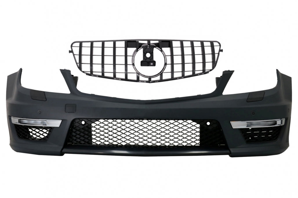 Front Bumper C63 Facelift Look with GT-R Panamericana Grille Piano Black for Mercedes C-Class W204 S204 (2007–2015)