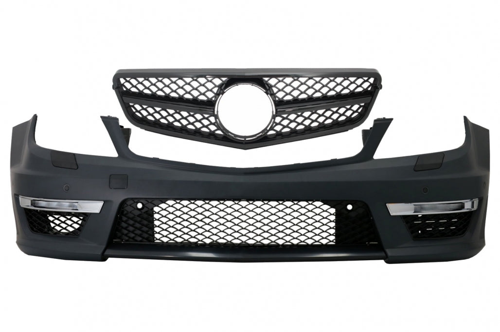 Front Bumper C63 Facelift Look with Single Frame Grille Piano Black for Mercedes C-Class W204 S204 (2007–2015)