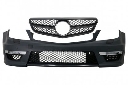 Front Bumper C63 Facelift Look with Single Frame Grille Piano Black for Mercedes C-Class W204 S204 (2007–2015)