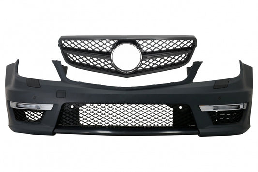 Front Bumper C63 Facelift Look with Single Frame Grille Piano Black for Mercedes C-Class W204 S204 (2007–2015)
