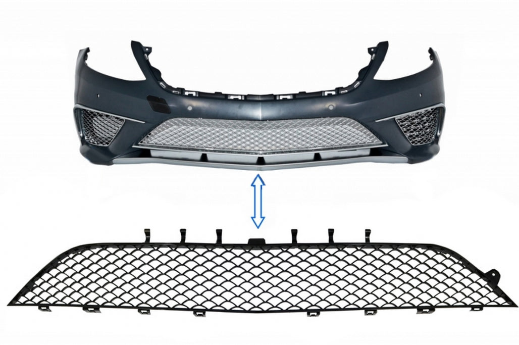 Front Bumper Central Lower Grille Piano Black for Mercedes S-Class W222 (2013–2017) S63 Design