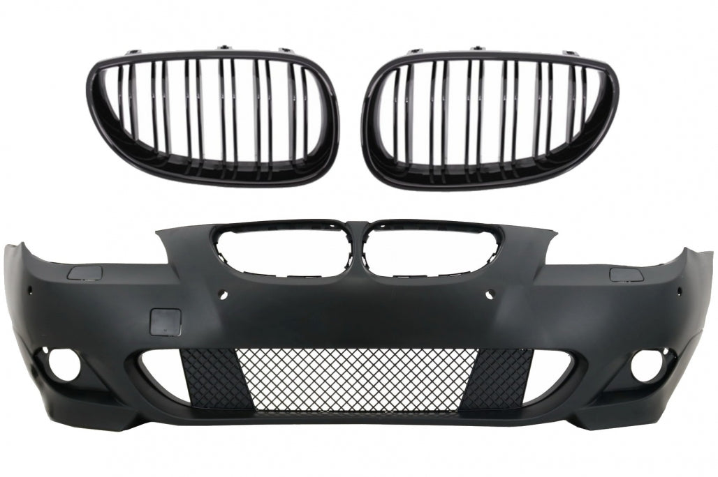 Front Bumper M-Technik with Double Stripe Kidney Grilles Shiny Black for BMW 5 Series E60 E61 (2003-2007)