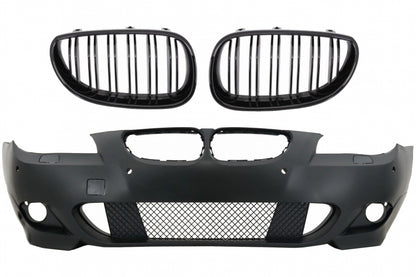 Front Bumper M-Technik with Double Stripe Kidney Grilles Shiny Black for BMW 5 Series E60 E61 (2003-2007)