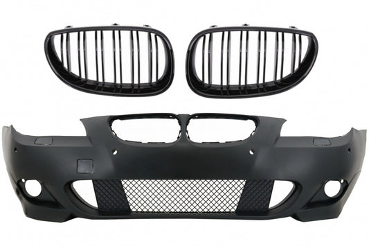 Front Bumper M-Technik with Double Stripe Kidney Grilles Shiny Black for BMW 5 Series E60 E61 (2003-2007)
