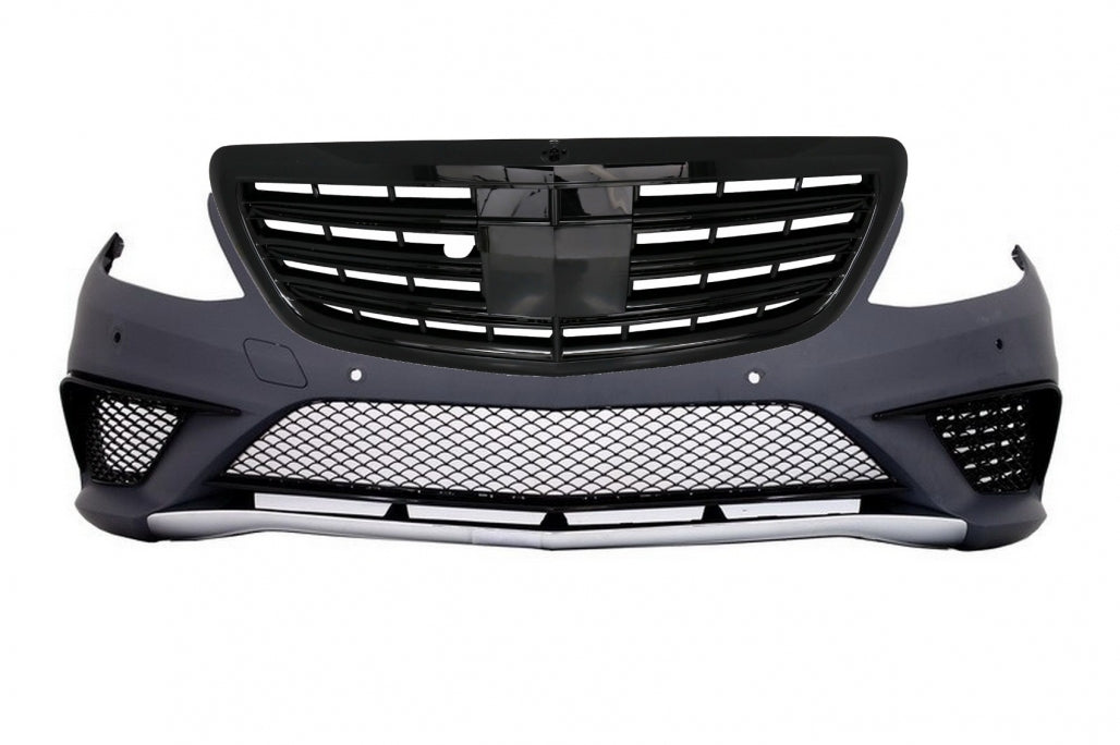Front Bumper S63 Design with Piano Black Central Grille for Mercedes S-Class W222 (2013–06.2017)