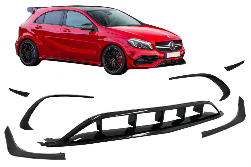 Front Bumper Splitters A45 Design Piano Black for Mercedes A-Class W176 Facelift (2015–2018)