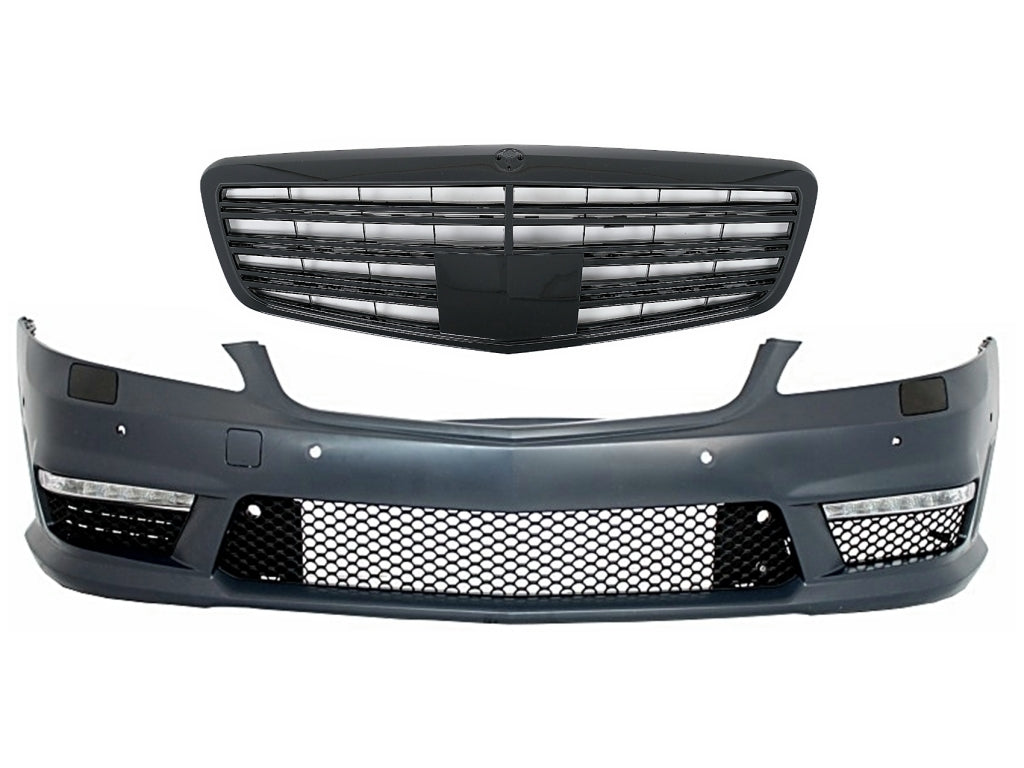 Front Bumper with Facelift Piano Black Grille S63 S65 Design for Mercedes S-Class W221 (2005–2012)