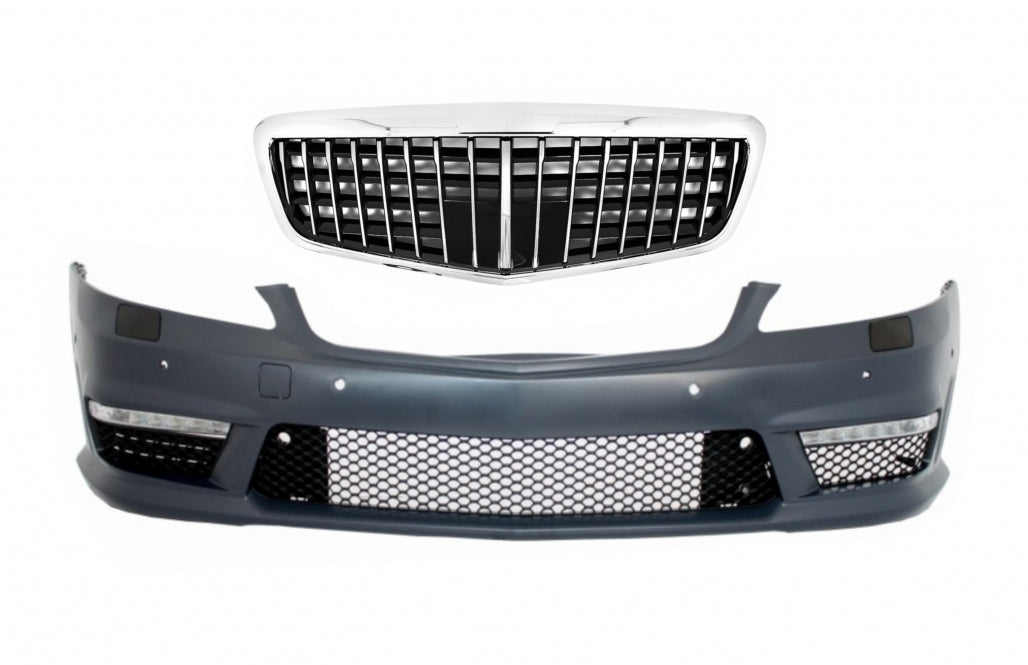 Front Bumper with Single Frame Vertical Grille S63 S65 Design for Mercedes S-Class W221 (2005–2012)